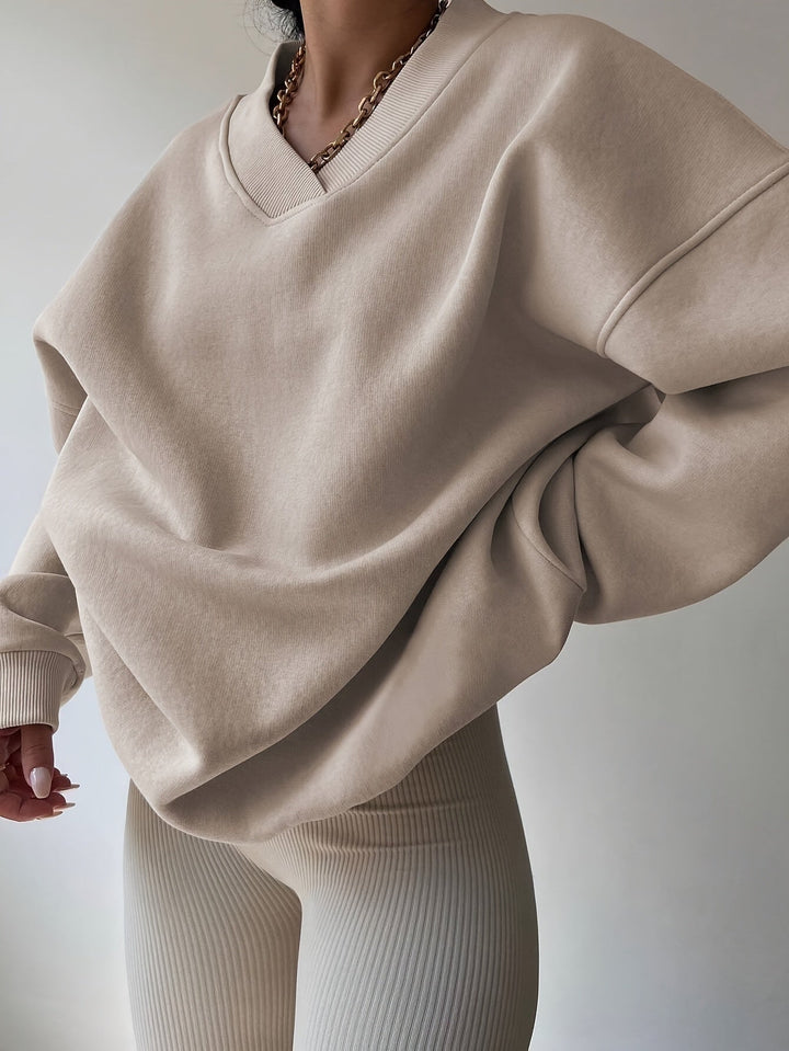 Women's Oversized V-Neck Sweatshirt with Ribbed Cuffs