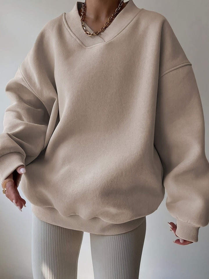 Women's Oversized V-Neck Sweatshirt with Ribbed Cuffs