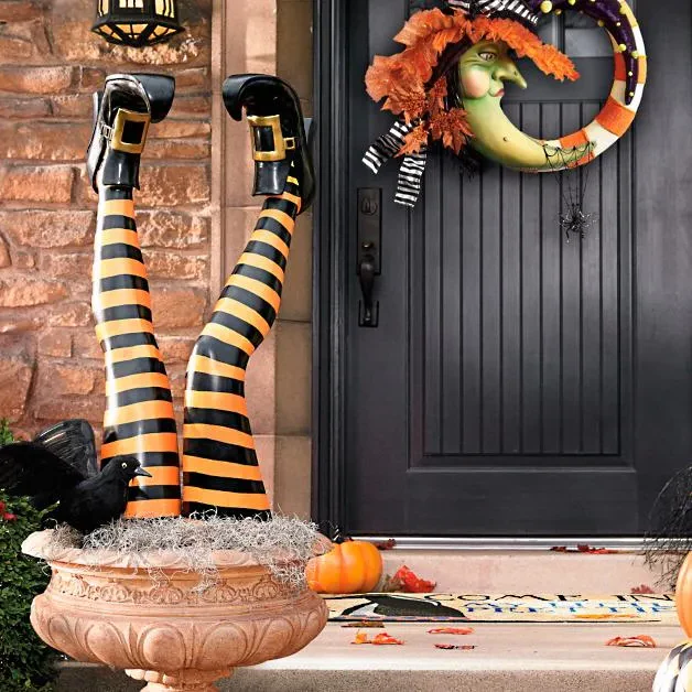 Halloween's Witch Leg Yard Stakes with Striped Design and Golden Boots, Set of 2