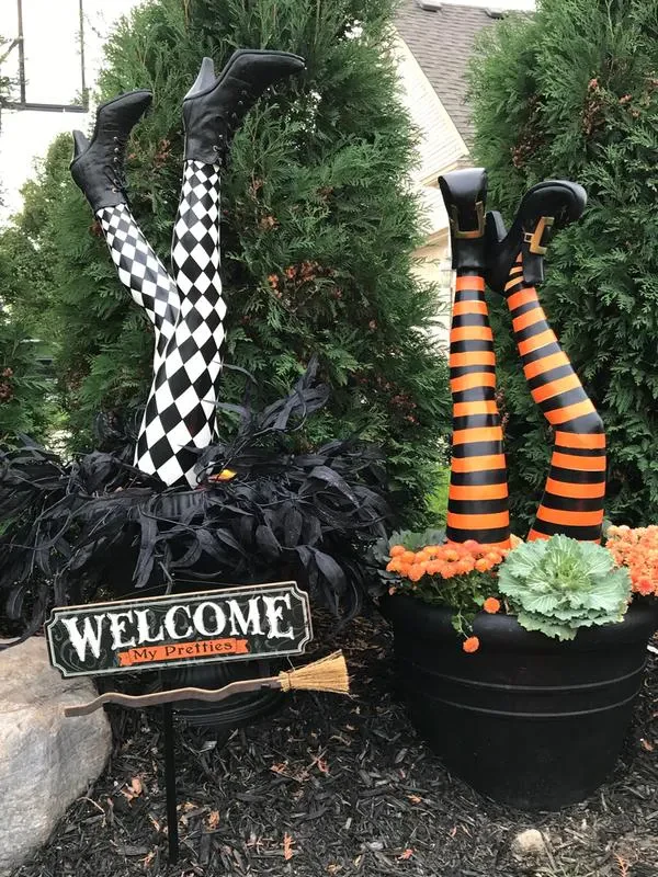 Halloween's Witch Leg Yard Stakes with Striped Design and Golden Boots, Set of 2
