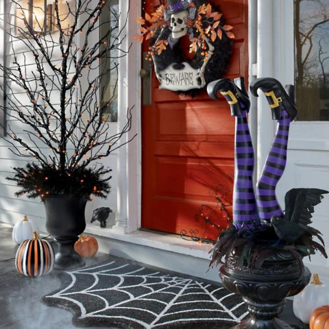 Halloween's Witch Leg Yard Stakes with Striped Design and Golden Boots, Set of 2