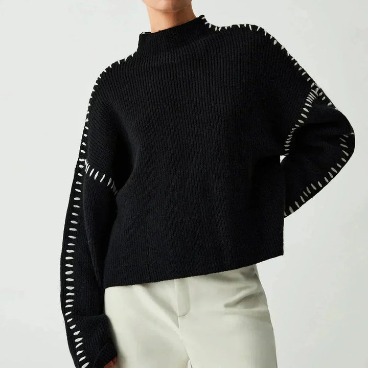 Women's Oversized Mock Neck Sweater with Whipstitch Detail
