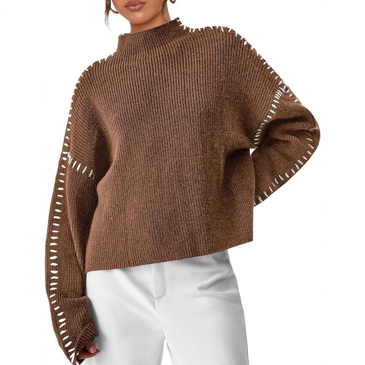 Women's Oversized Mock Neck Sweater with Whipstitch Detail