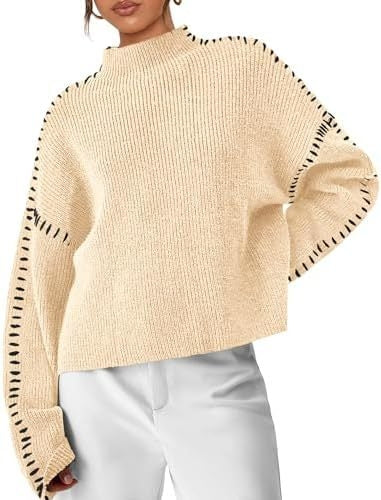 Women's Oversized Mock Neck Sweater with Whipstitch Detail
