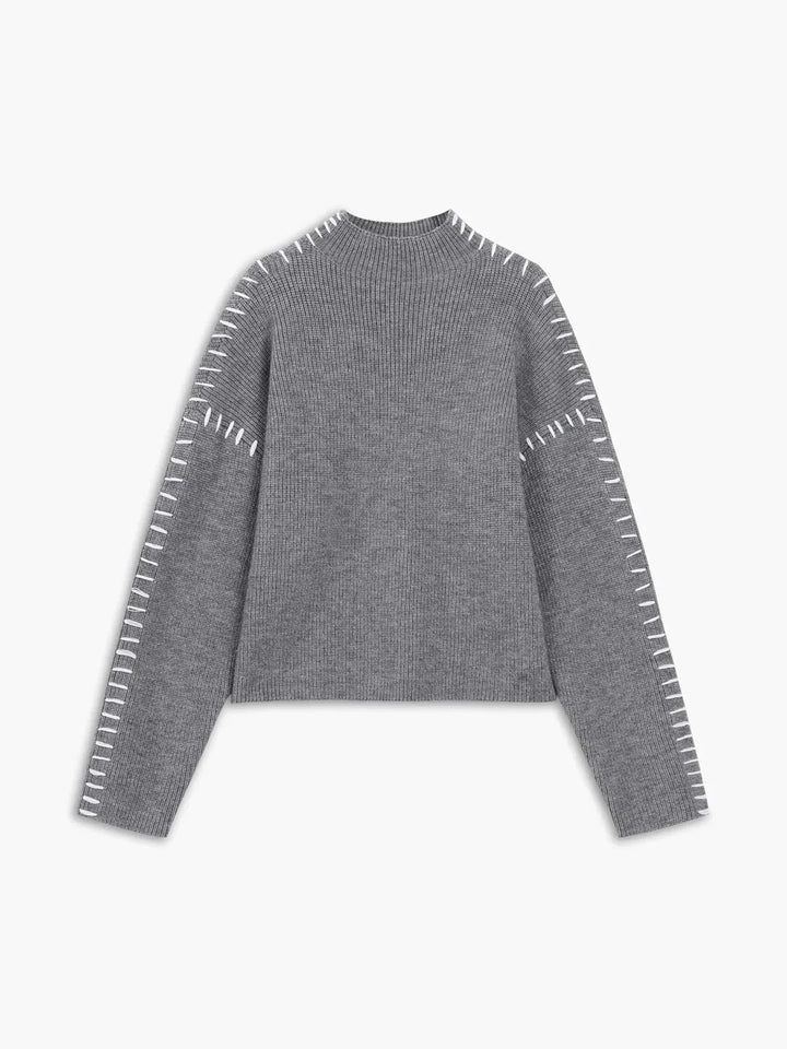 Women's Oversized Mock Neck Sweater with Whipstitch Detail
