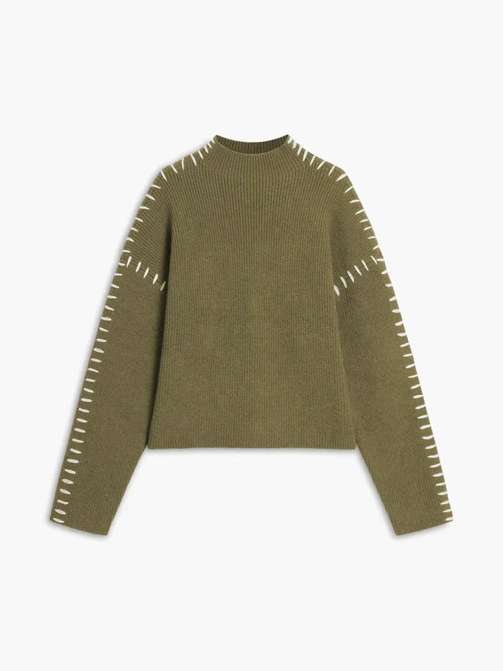Women's Oversized Mock Neck Sweater with Whipstitch Detail