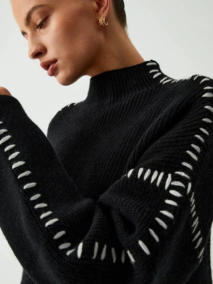 Women's Oversized Mock Neck Sweater with Whipstitch Detail