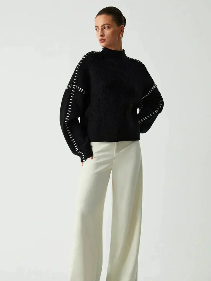 Women's Oversized Mock Neck Sweater with Whipstitch Detail
