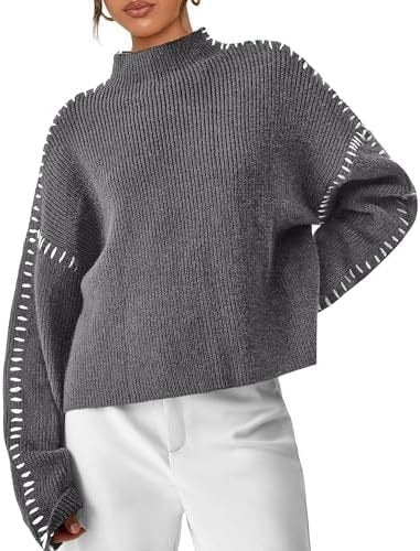 Women's Oversized Mock Neck Sweater with Whipstitch Detail