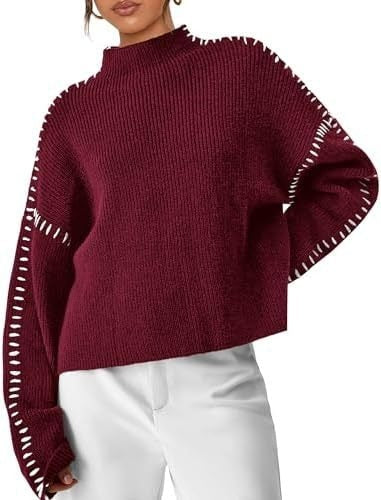 Women's Oversized Mock Neck Sweater with Whipstitch Detail