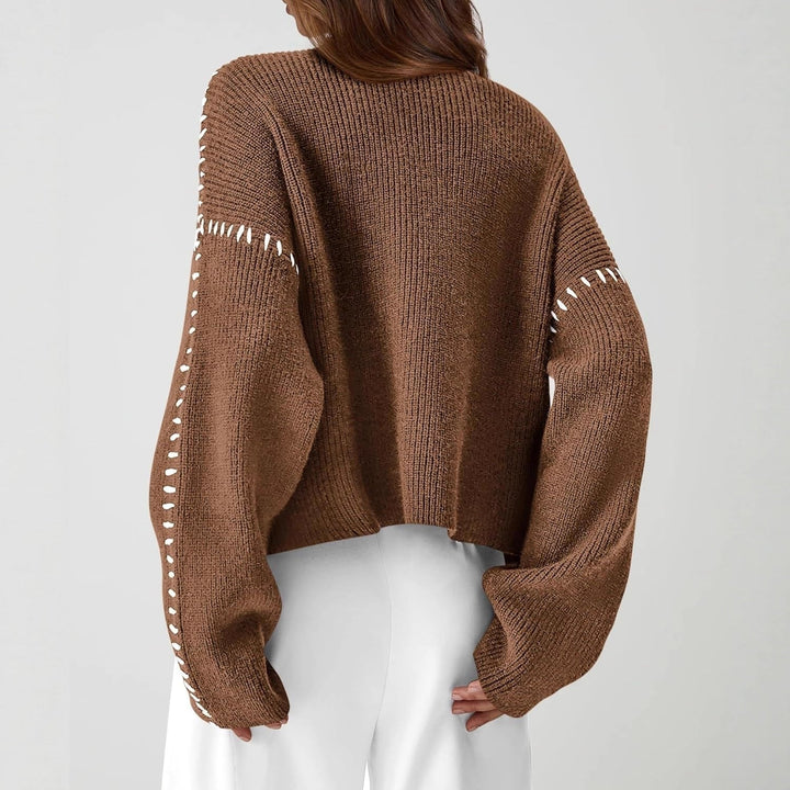 Women's Oversized Mock Neck Sweater with Whipstitch Detail
