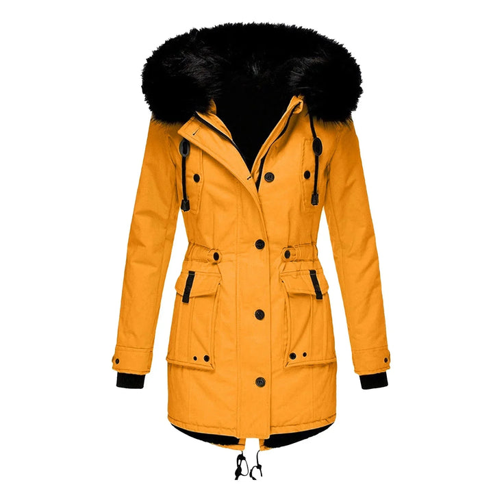 Women's Hooded Parka Coat with Faux-Fur Trim and Cinched Waist