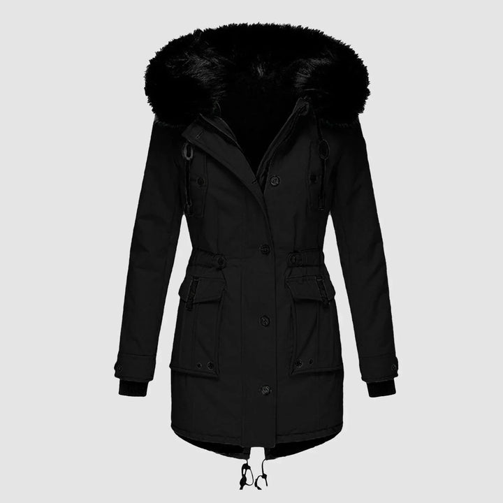 Women's Hooded Parka Coat with Faux-Fur Trim and Cinched Waist