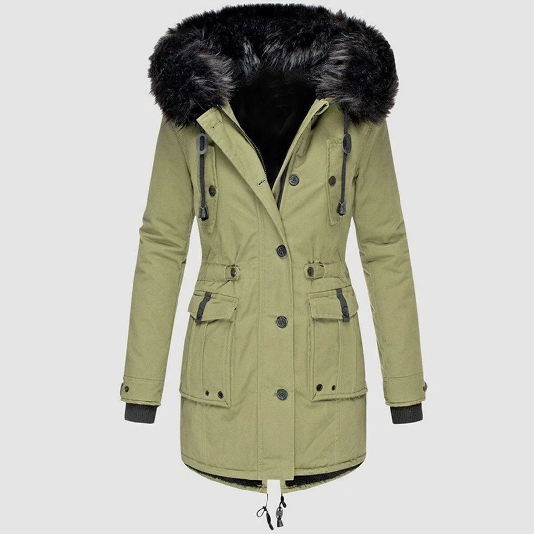 Women's Hooded Parka Coat with Faux-Fur Trim and Cinched Waist