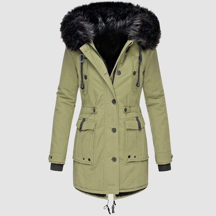 Women's Hooded Parka Coat with Faux-Fur Trim and Cinched Waist