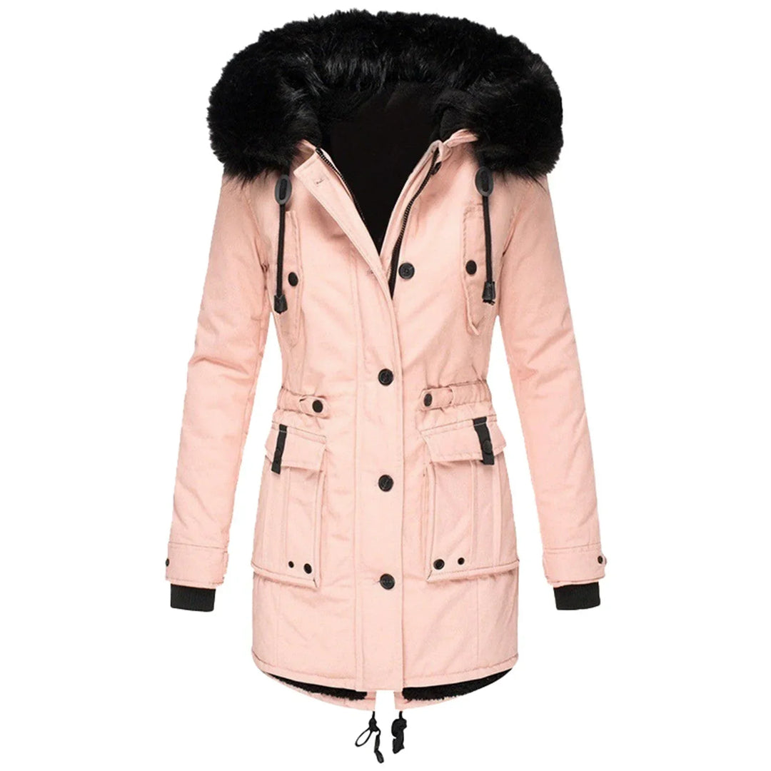 Women's Hooded Parka Coat with Faux-Fur Trim and Cinched Waist