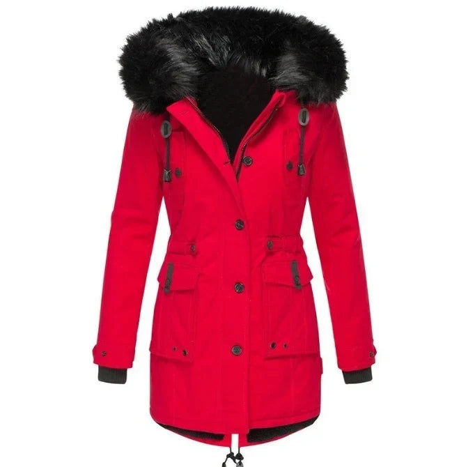 Women's Hooded Parka Coat with Faux-Fur Trim and Cinched Waist