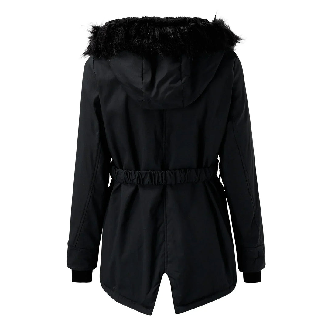 Women's Hooded Parka Coat with Faux-Fur Trim and Cinched Waist