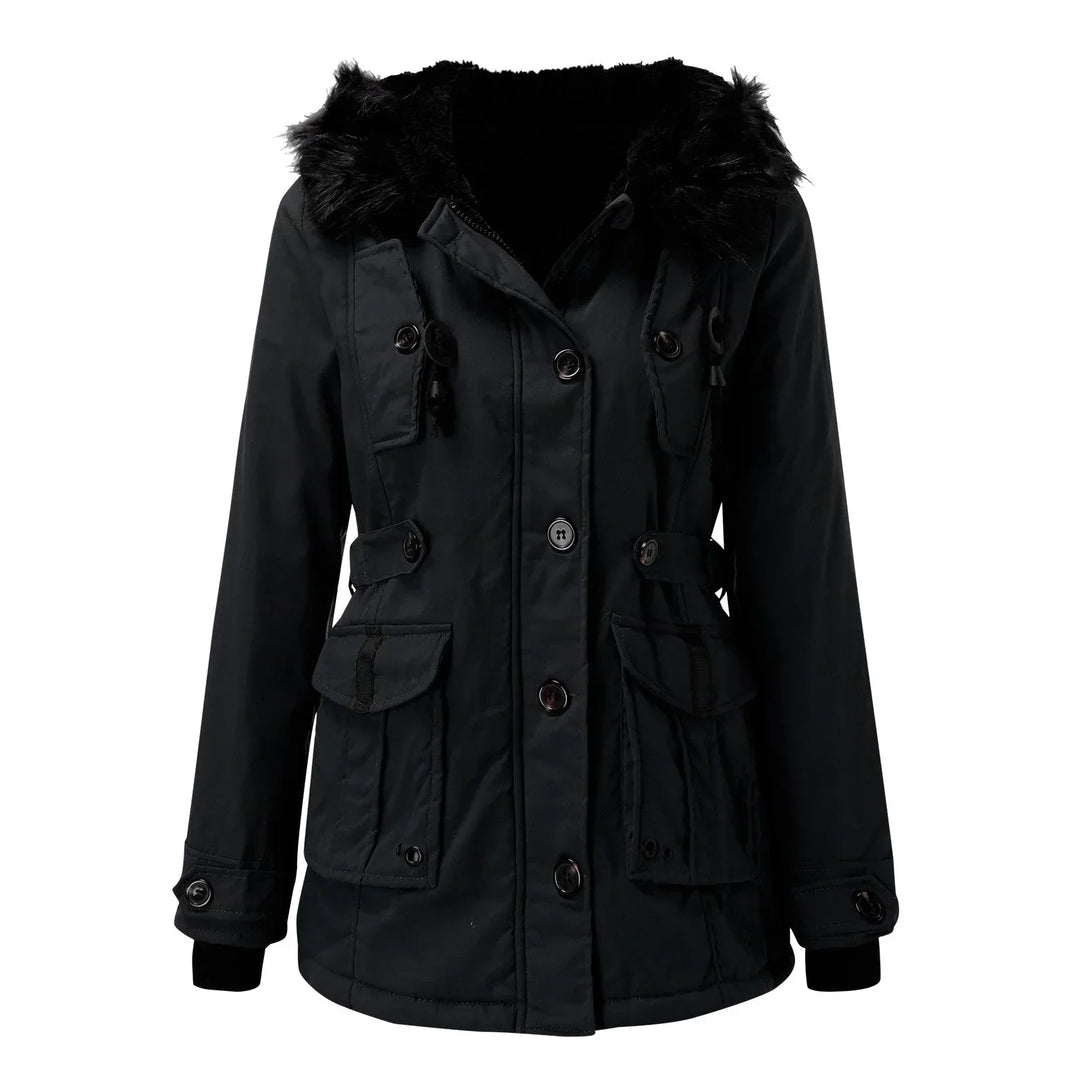 Women's Hooded Parka Coat with Faux-Fur Trim and Cinched Waist