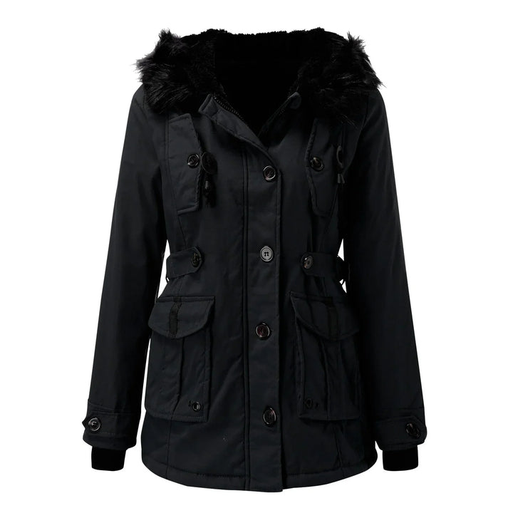 Women's Hooded Parka Coat with Faux-Fur Trim and Cinched Waist