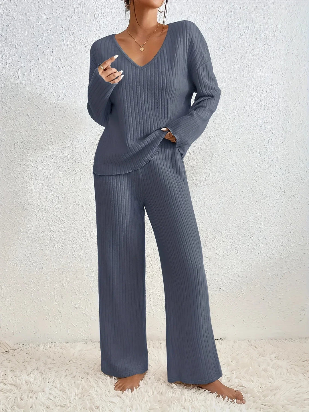 Women's Ribbed Knit Two-Piece Loungewear Set