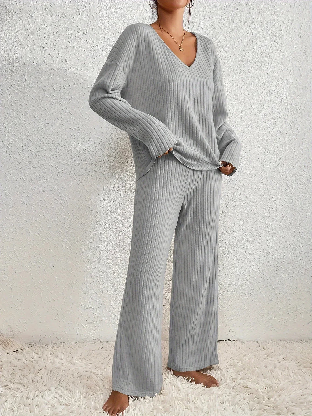 Women's Ribbed Knit Two-Piece Loungewear Set