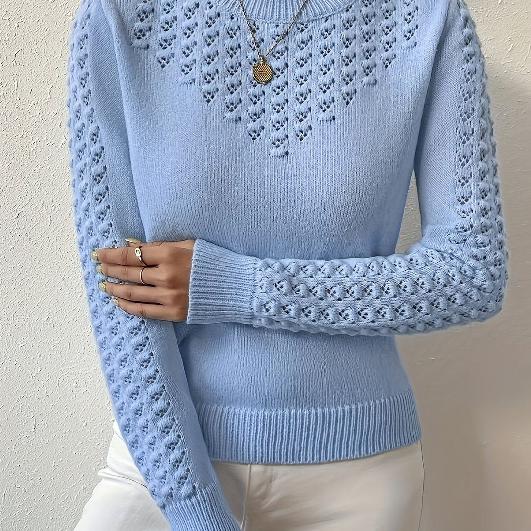 Women's Pointelle Knit Sweater with Round Neck and Long Sleeves