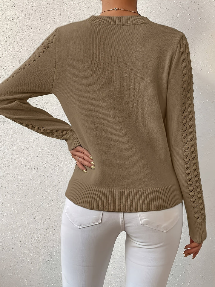 Women's Pointelle Knit Sweater with Round Neck and Long Sleeves