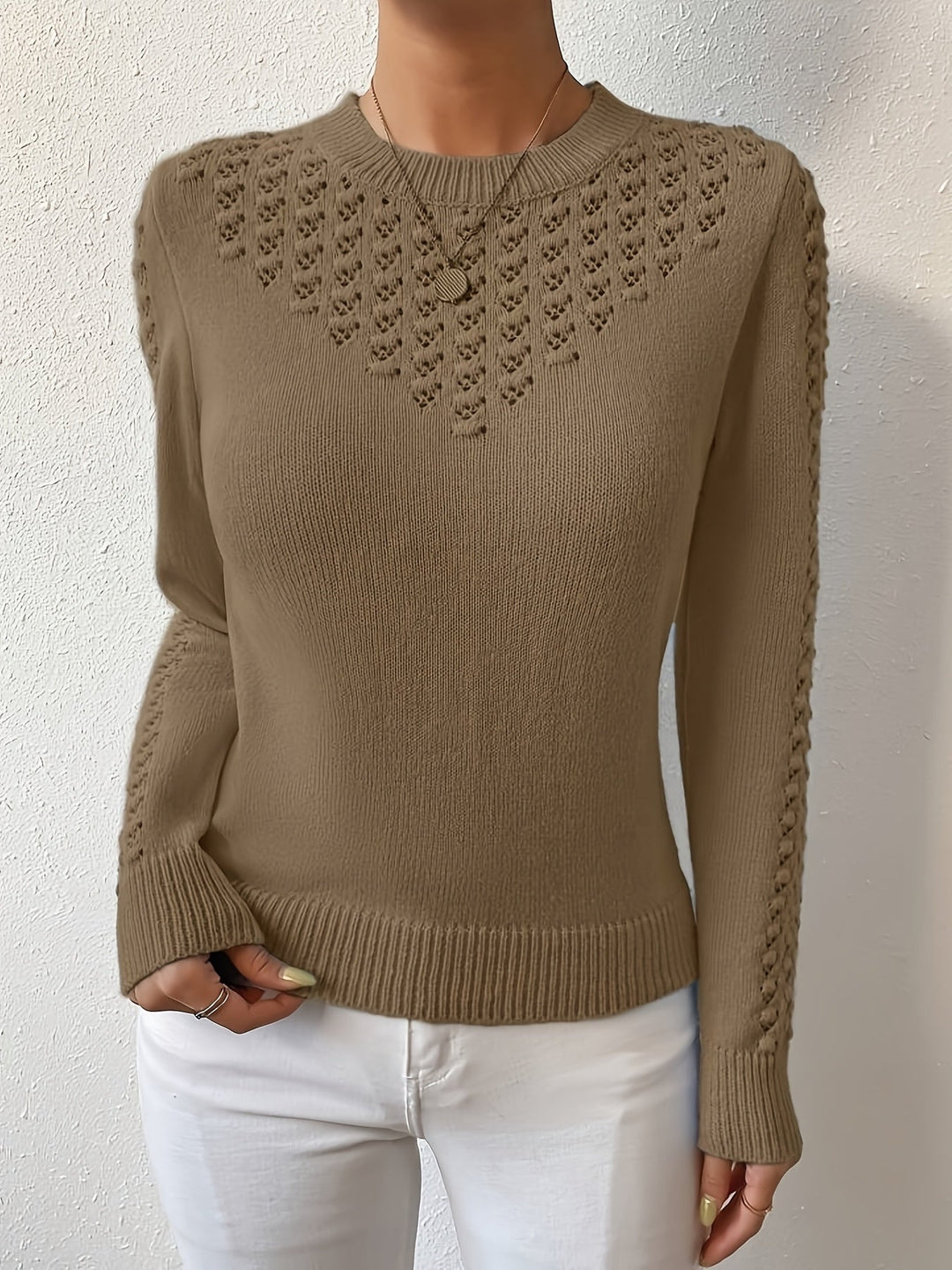 Women's Pointelle Knit Sweater with Round Neck and Long Sleeves