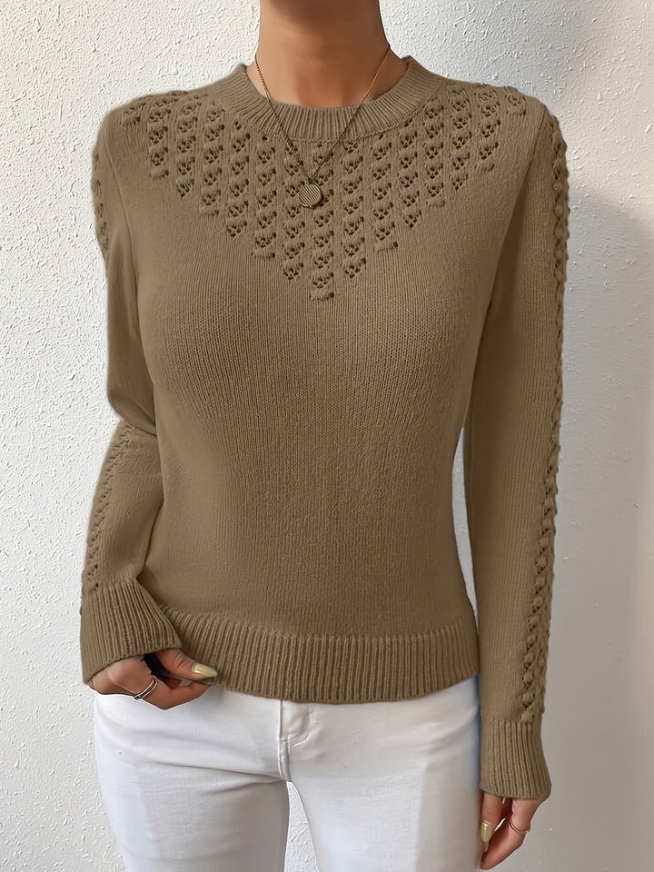 Women's Pointelle Knit Sweater with Round Neck and Long Sleeves