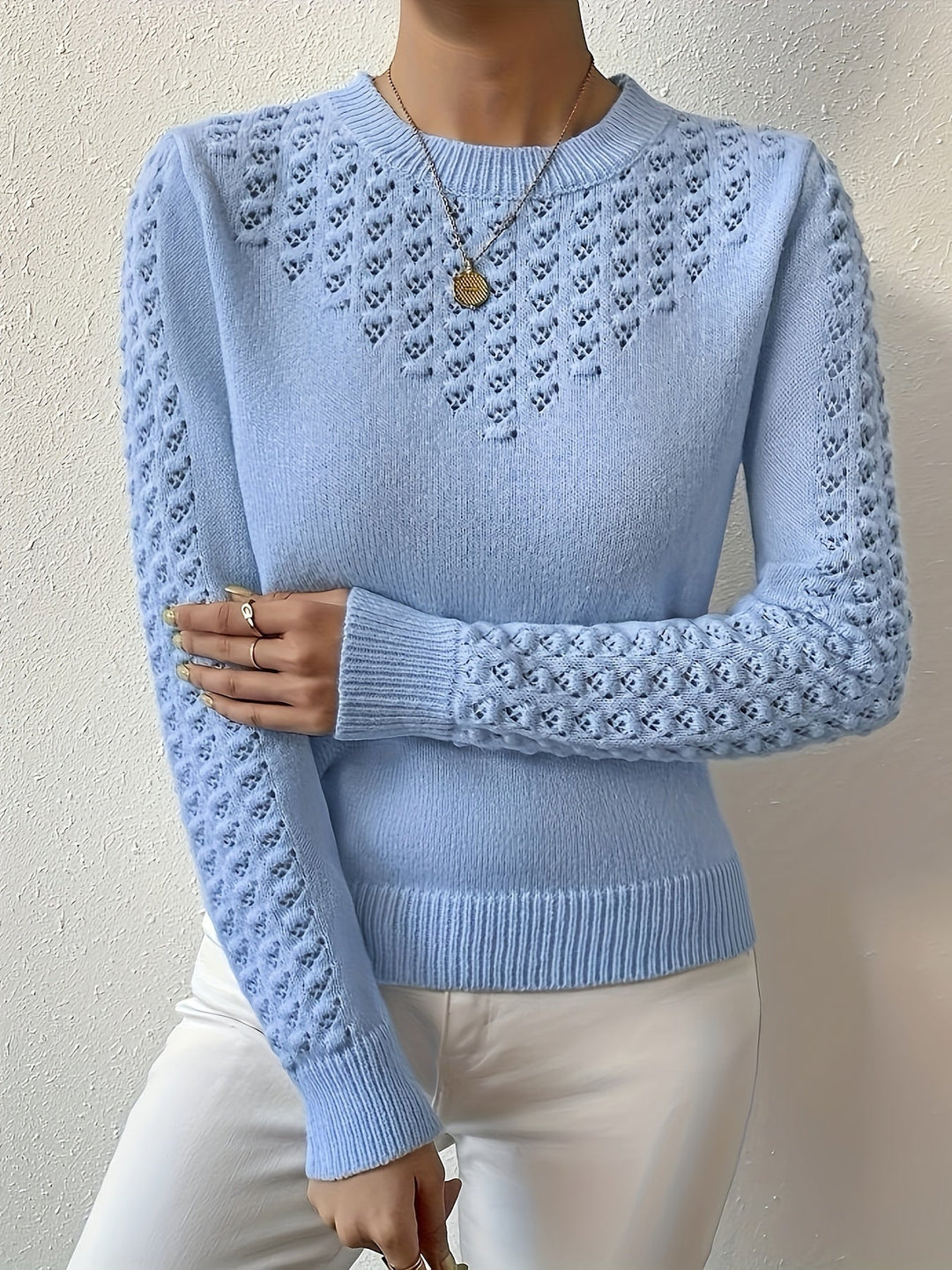 Women's Pointelle Knit Sweater with Round Neck and Long Sleeves