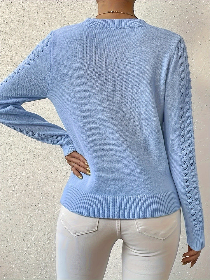 Women's Pointelle Knit Sweater with Round Neck and Long Sleeves
