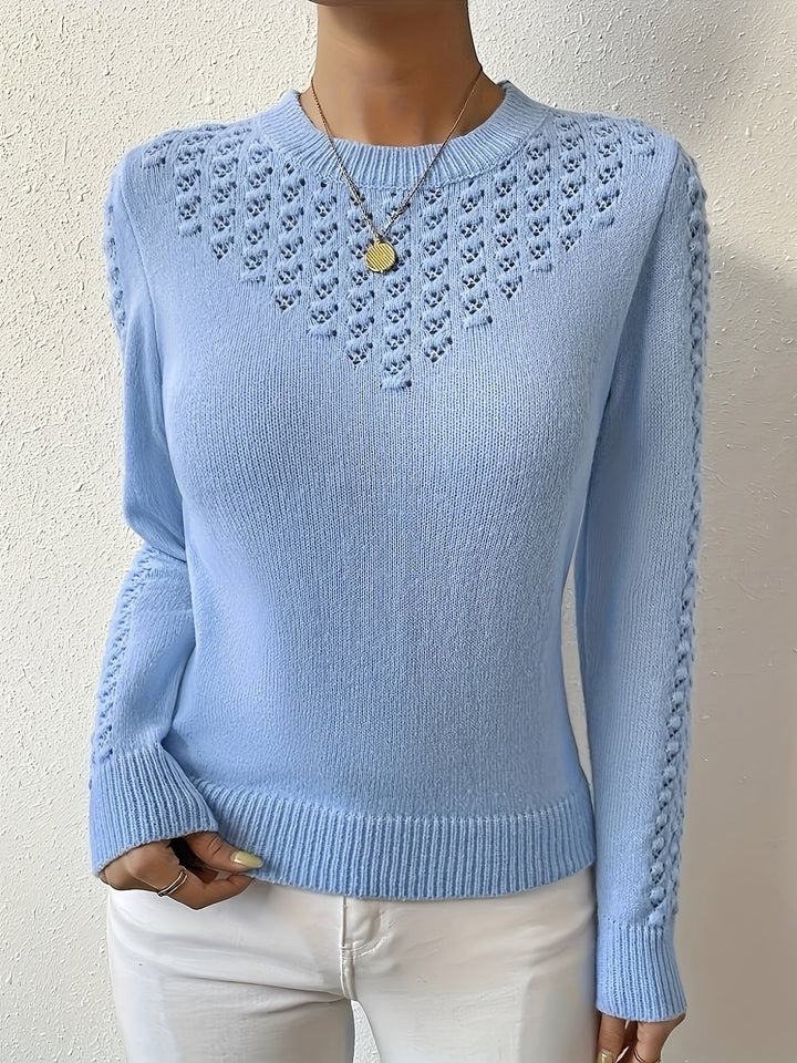 Women's Pointelle Knit Sweater with Round Neck and Long Sleeves