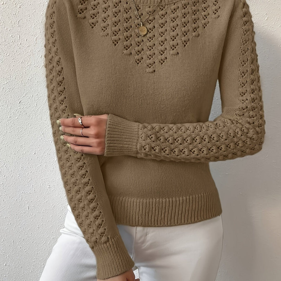 Women's Pointelle Knit Sweater with Round Neck and Long Sleeves