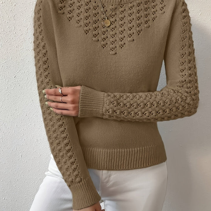 Women's Pointelle Knit Sweater with Round Neck and Long Sleeves