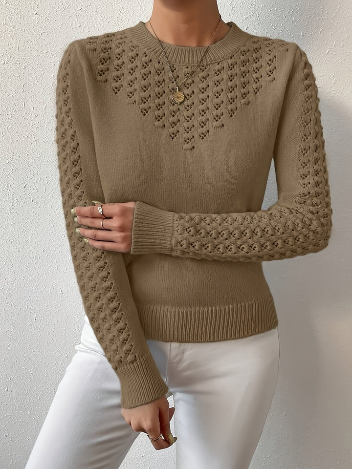Women's Pointelle Knit Sweater with Round Neck and Long Sleeves