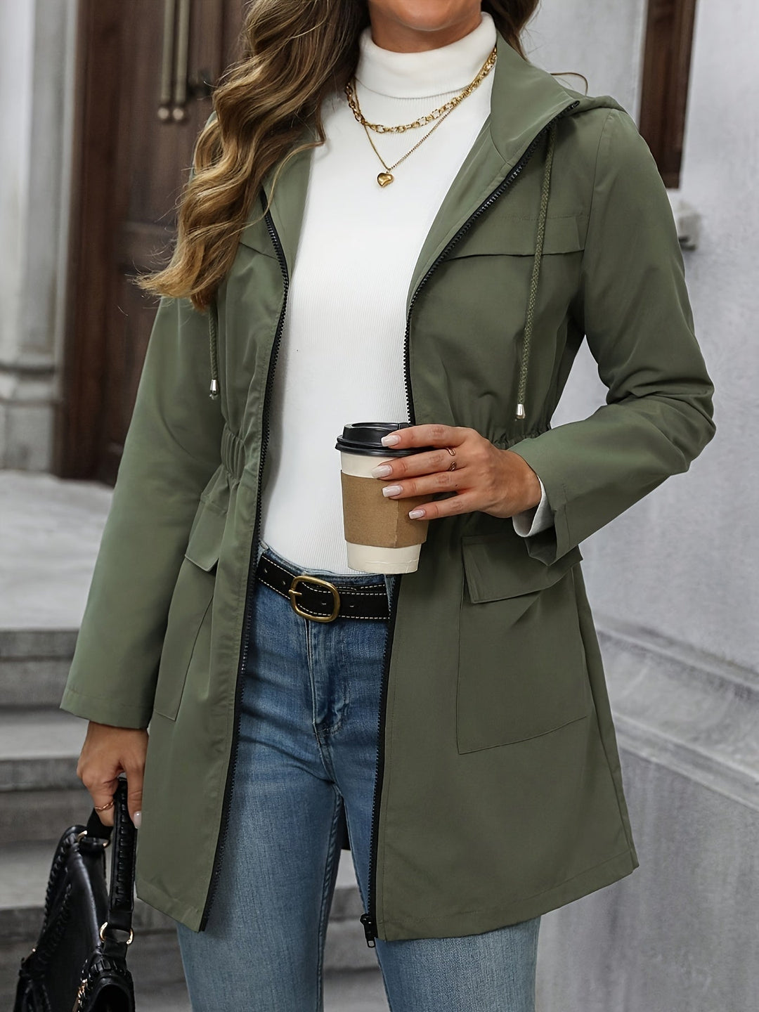 Women's Hooded Utility Jacket with Drawstring Waist and Pockets