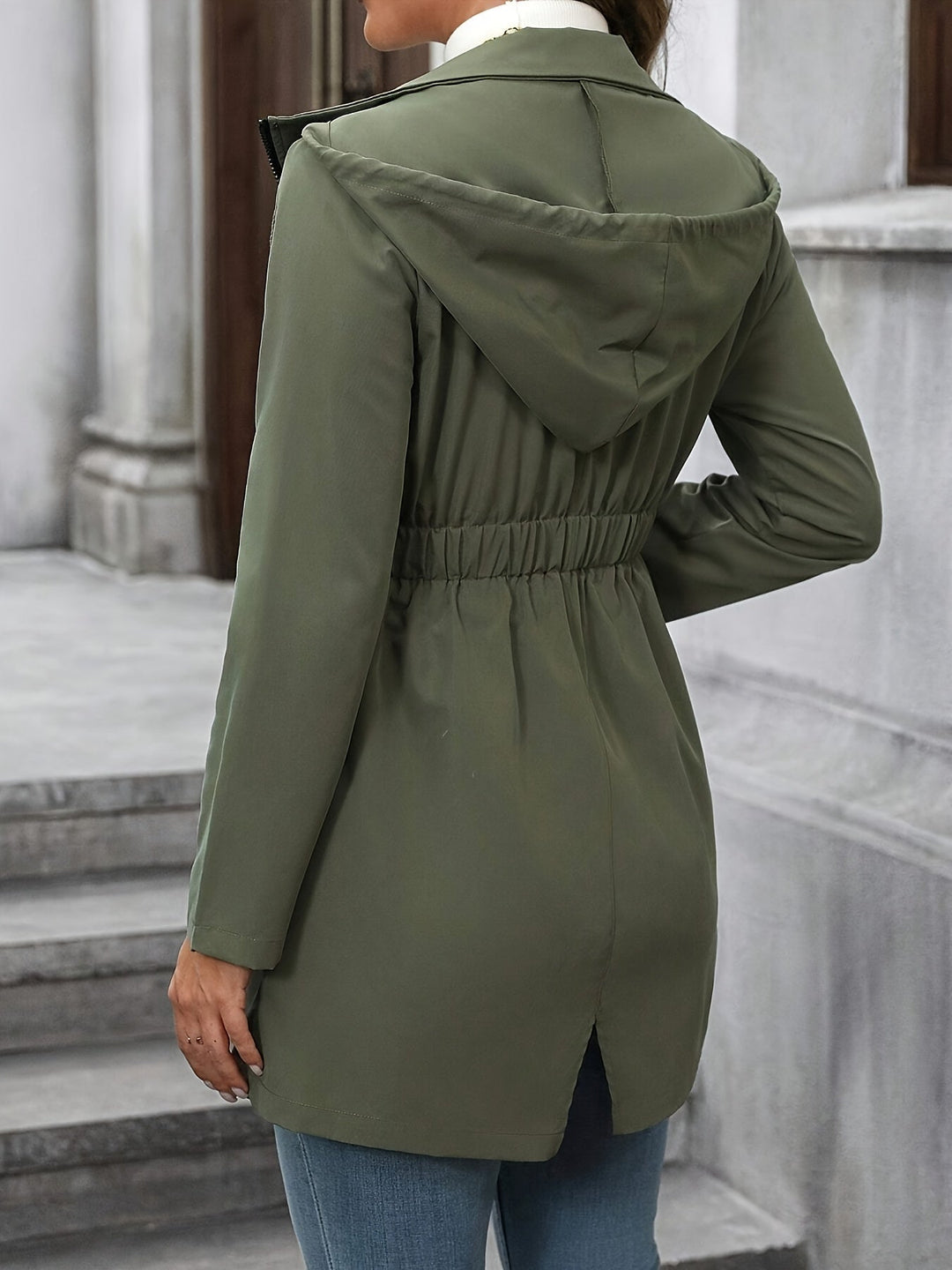 Women's Hooded Utility Jacket with Drawstring Waist and Pockets