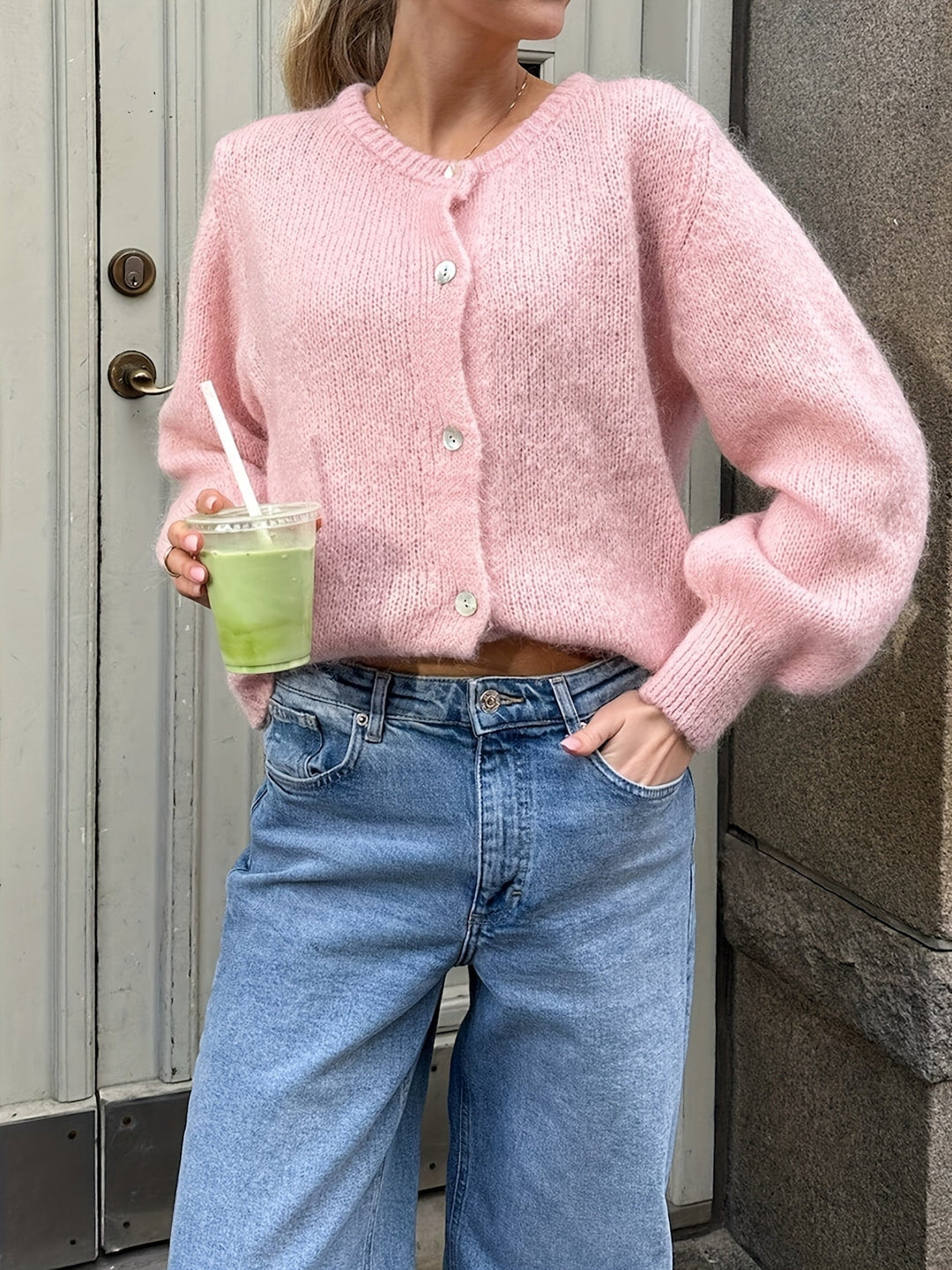 Women's Cropped Knit Cardigan with Button Closure