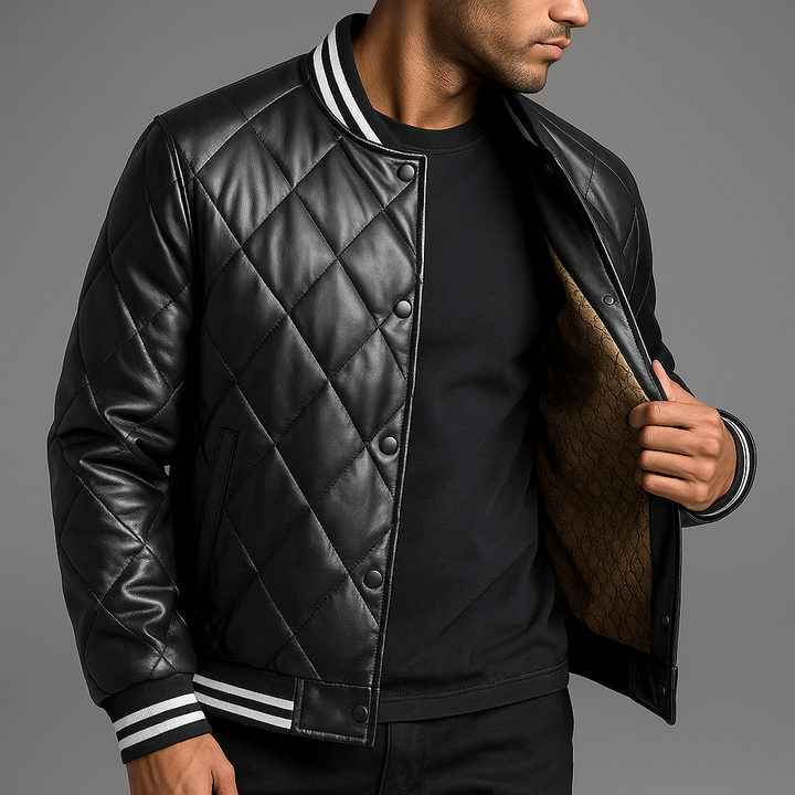 Men's Quilted Leather Bomber Jacket