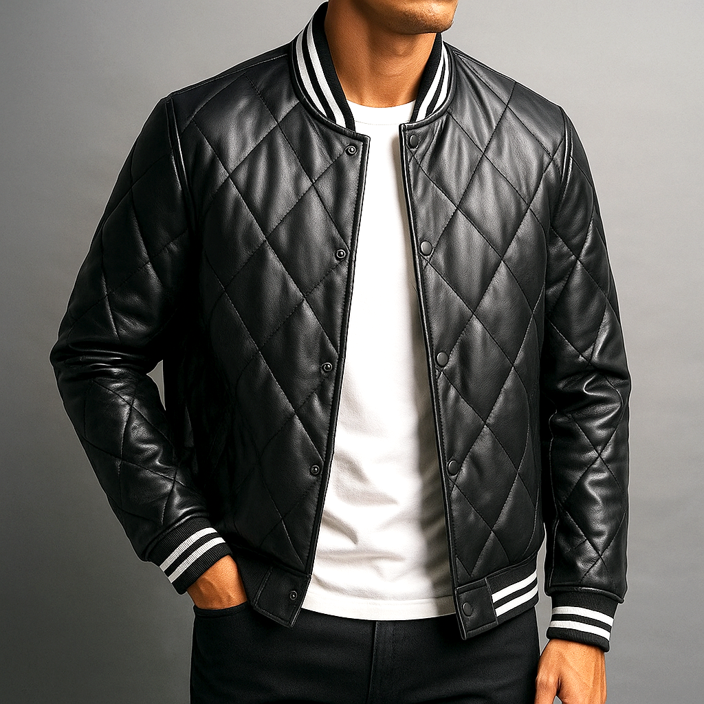 Men's Quilted Leather Bomber Jacket