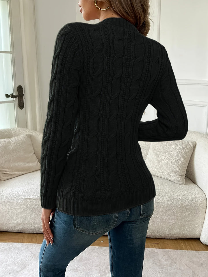 Women's Cable Knit Sweater with Round Neck and Fitted Design