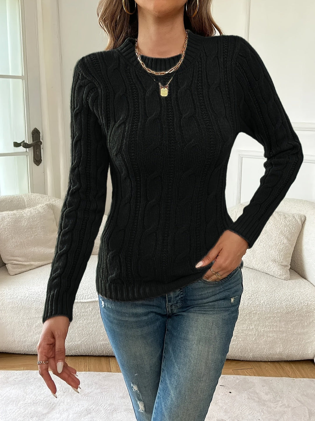 Women's Cable Knit Sweater with Round Neck and Fitted Design