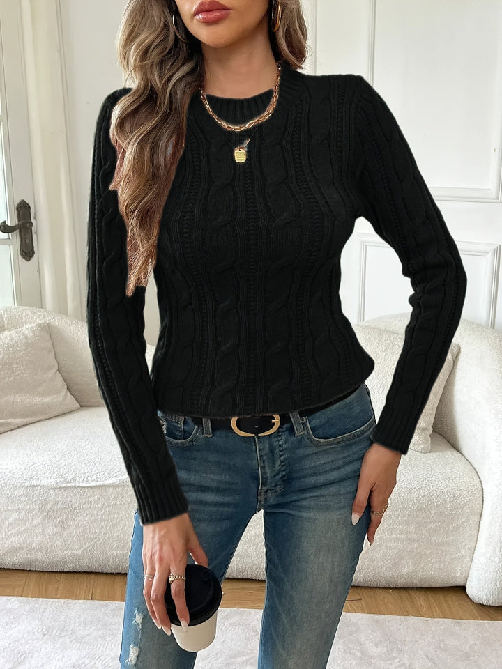Women's Cable Knit Sweater with Round Neck and Fitted Design