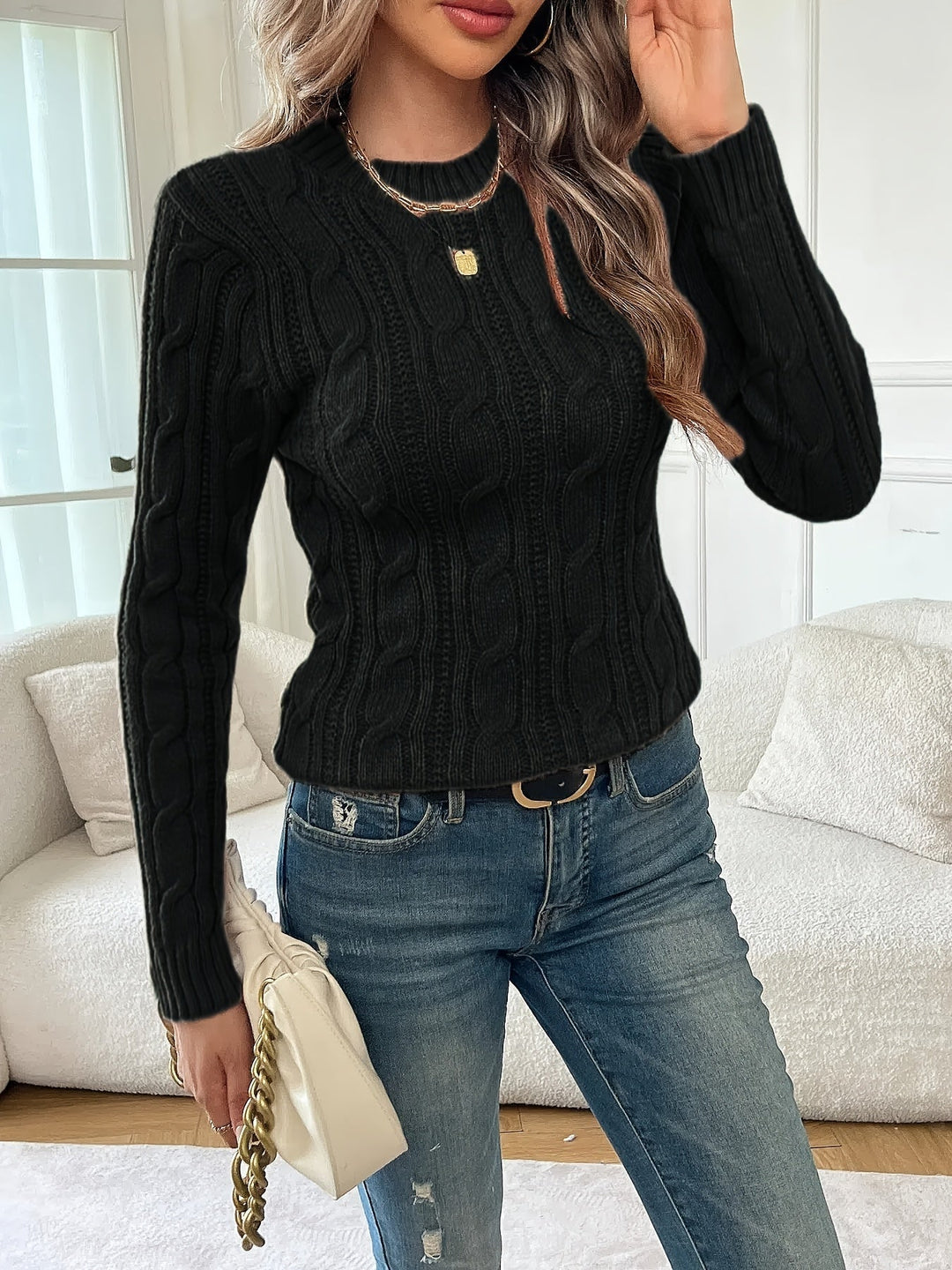 Women's Cable Knit Sweater with Round Neck and Fitted Design