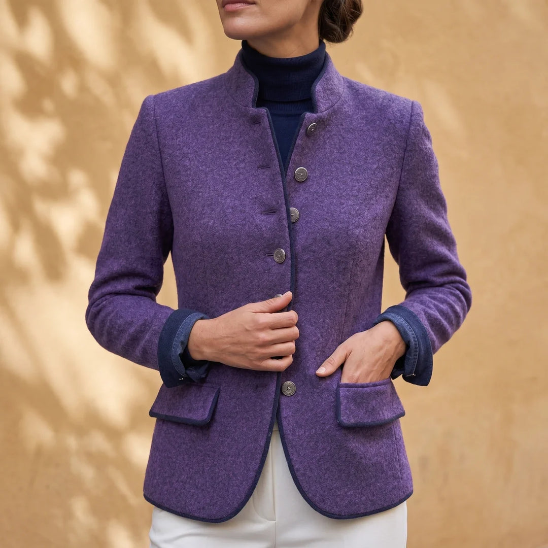 Women's Piped Stand Collar Wool Blazer