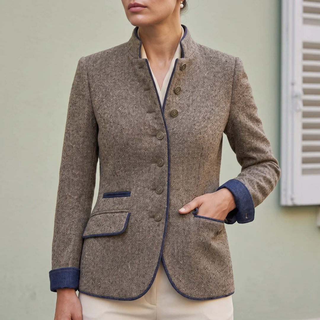 Women's Piped Stand Collar Wool Blazer