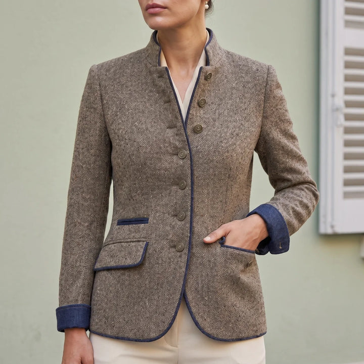 Women's Piped Stand Collar Wool Blazer
