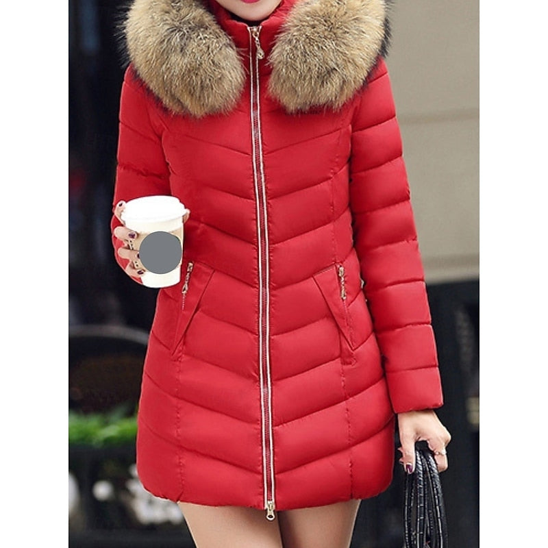 Women's Quilted Winter Parka with Fur-Trim Hood and Shaped Waist