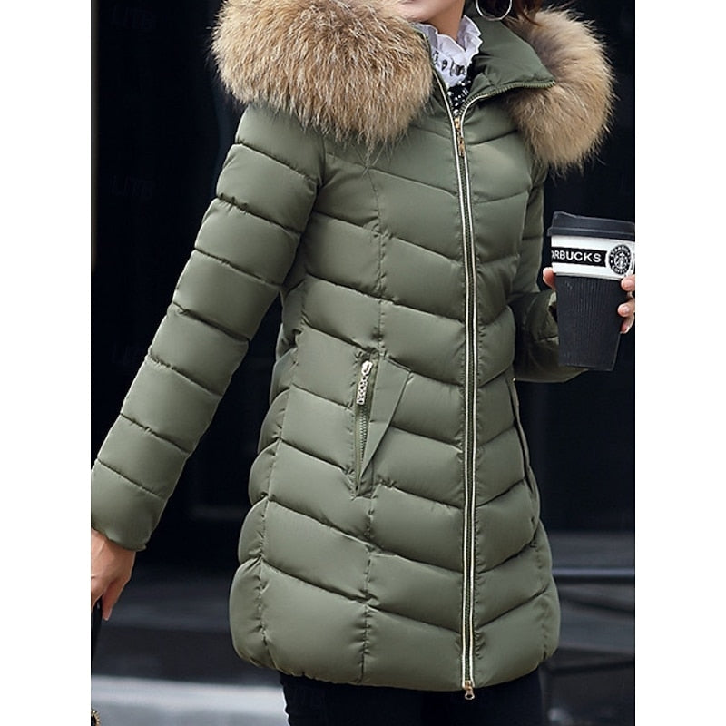 Women's Quilted Winter Parka with Fur-Trim Hood and Shaped Waist